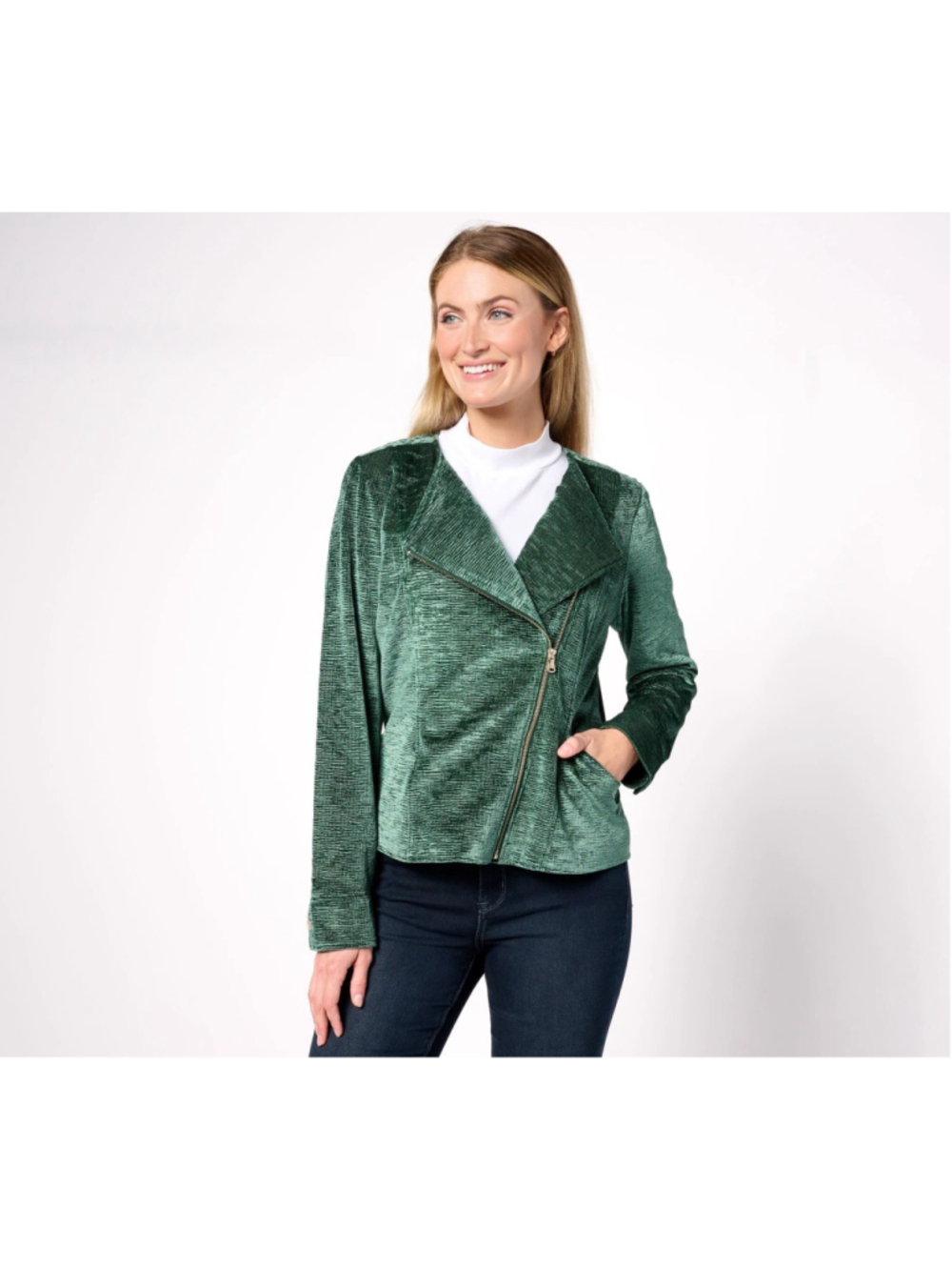 Isaac Mizrahi Live Crushed Velour Moto Jacket Deep Pine Green Asymmetrical Zip S